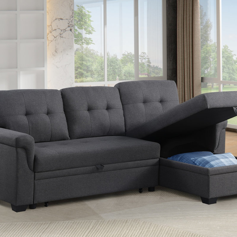 Modern L-Shaped Modular Lounger - Dark Gray Tufted Fabric, Hidden Storage, Chaise Lounge for Living Room