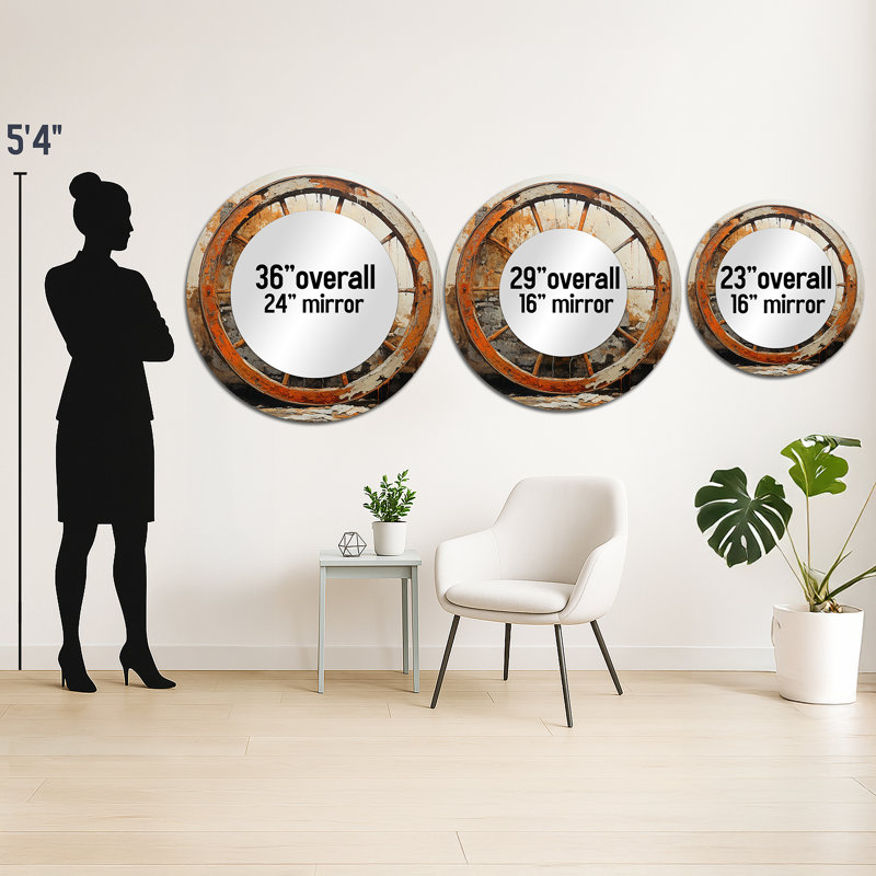 Orange Old Cart Wheels III - Old American Cart Unique Wall Mirror Decor, Orange Large Round Mirror, Printed Metal Art