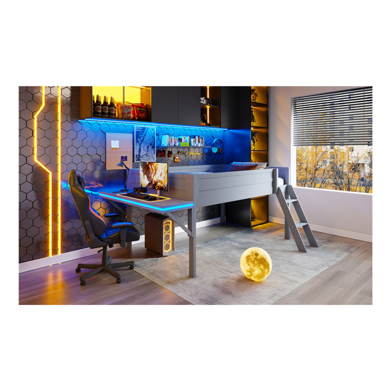 Lit mezzanine double en bois avec bureau et DEL, gris