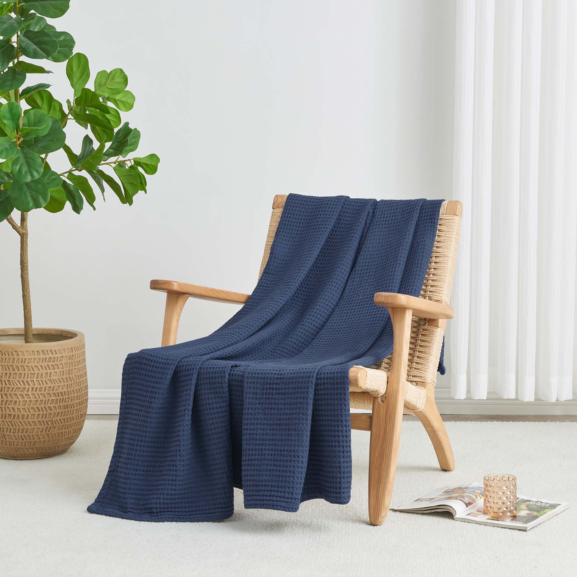 100% Cotton Waffle Weave Blanket, Twin, Navy
