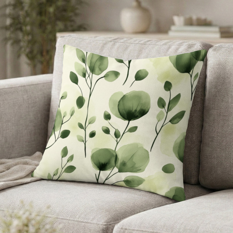 Floral Decorative Throw Pillow - Green Moss Petal Drift Printed Cushion, 20"H x 20"W