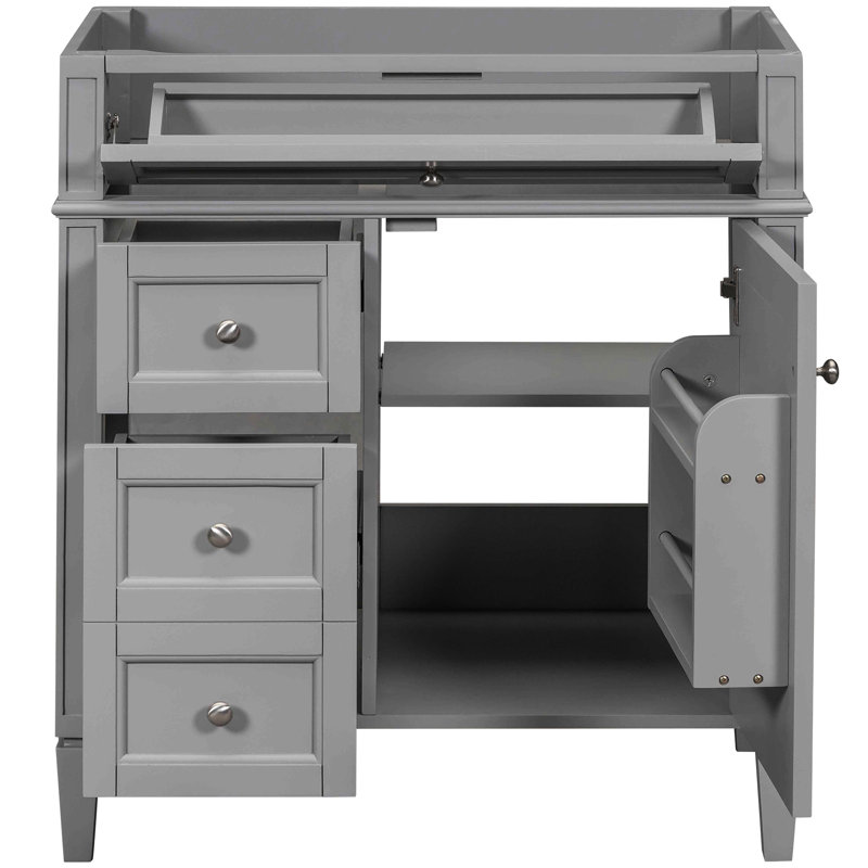 Meuble-lavabo moderne 30 po gris, 3 tiroirs avec tiroir basculant, organisateur de porte d'armoire, tablette réglable, glissières de tiroir en métal lisse, pieds romains exquis, planche et tiroirs en bois massif