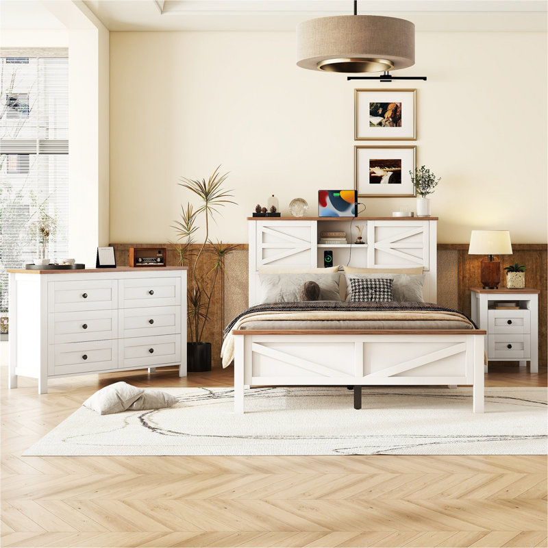 3 Piece Bedroom Set (Bed+1*Nightstand +Dresser) with Charging Station, Full, White/Brown