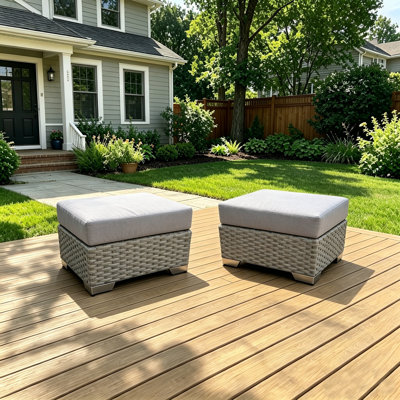 Set of 2 Outdoor Wicker Patio Ottomans with Cushions, 300 LBS Multi-Purpose Footrest Stool, Weather-Resistant Accent Seat with Removable Cushion for Backyard, Porch, Deck, Gray