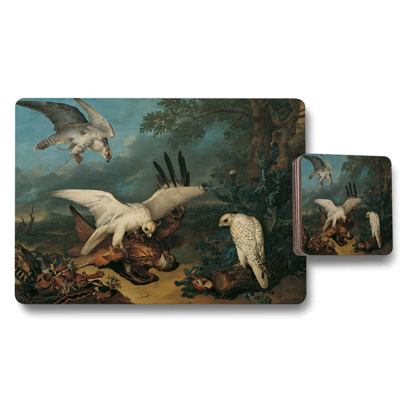 Vintage Bird Artwork Placemat And Coaster Set For Dining Table