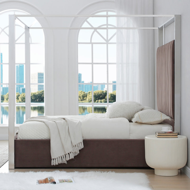 Jeffrey Canopy Velvet Upholstered Queen Bed Frame In Dark Brown, Queen, Dark Brown
