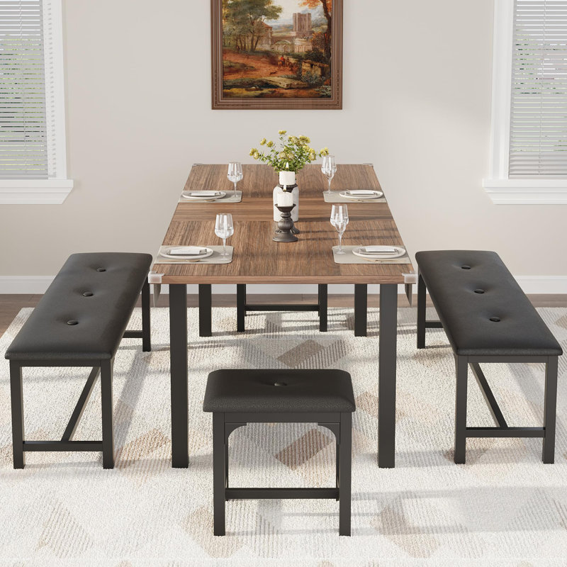 Dining Table Set for 6,Expandable Rectangular Kitchen Table with 2 Benches and 2 Stools,Industrial Wood Dining Room Set, Space-Saving Design