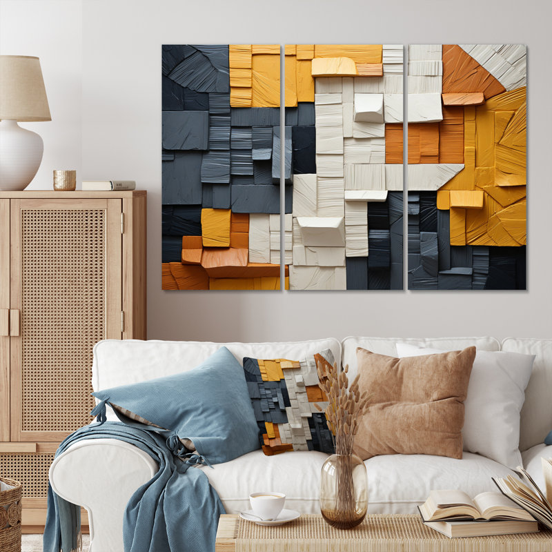 Cubic Yellow and Gray Fibre I - 3 pièces sur toile tendue, H 28 po x l 36 po x P 1 po