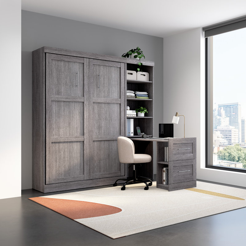 Lit escamotable double 84 W avec bureau coulissant, Gris écorce