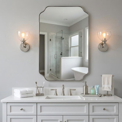Rectangular Bathroom Vanity Mirror with Scalloped Corners – Stainless Steel Frame