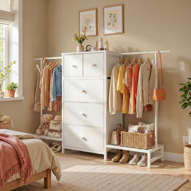 Multifunctional 5-Drawer Dresser with Dual Hanging Rods & Shelves for Small Spaces, Apartment Bedroom & Entryway Organizer