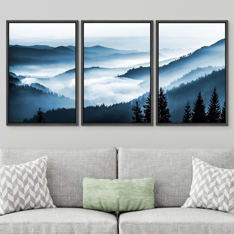 "IDÉE4WALL", reproduction d'art sur toile encadrée, ensemble brumeux, bleu, bichromie, chaîne de montagnes, forêt, nature, photographie, moderne, décoration, coloré, rustique, pour le salon, la chambre à coucher, le bureau, reproduction sur toile,