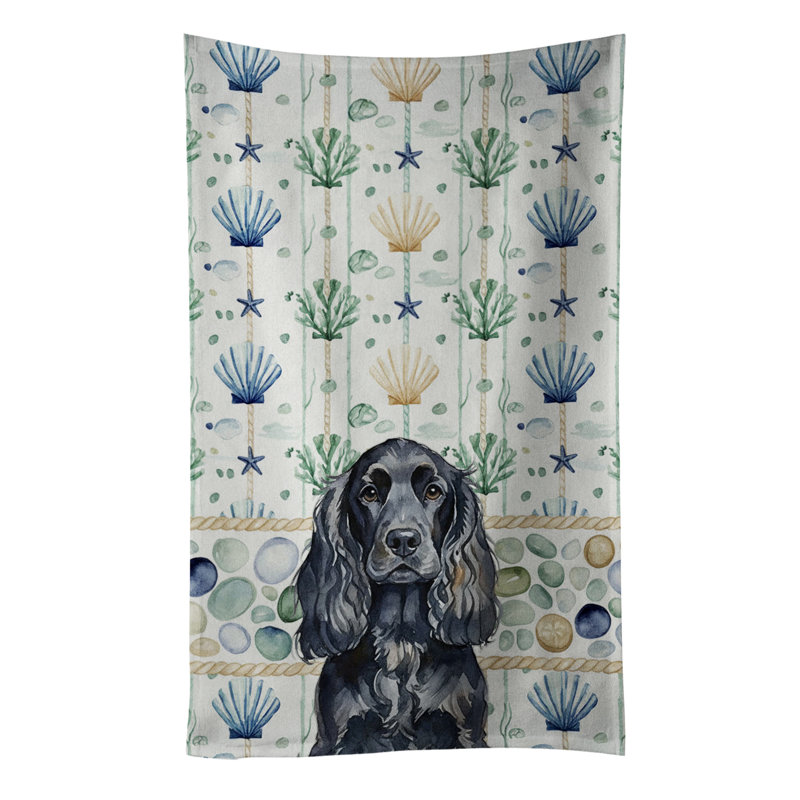 Black English Cocker Spaniel Coastal Sea Glass Kitchen Towel, Black English Cocker Spaniel