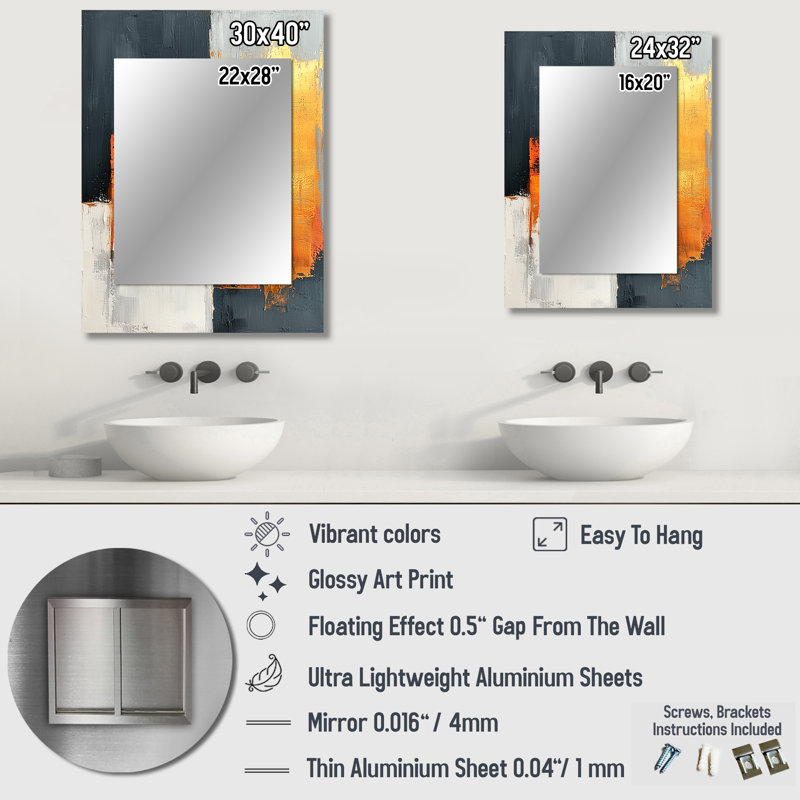 Balck And Orange Converge Dream II - Line Art Mirror, Modern Unique Wall Mirror, Printed Metal Art, 32" x 24"