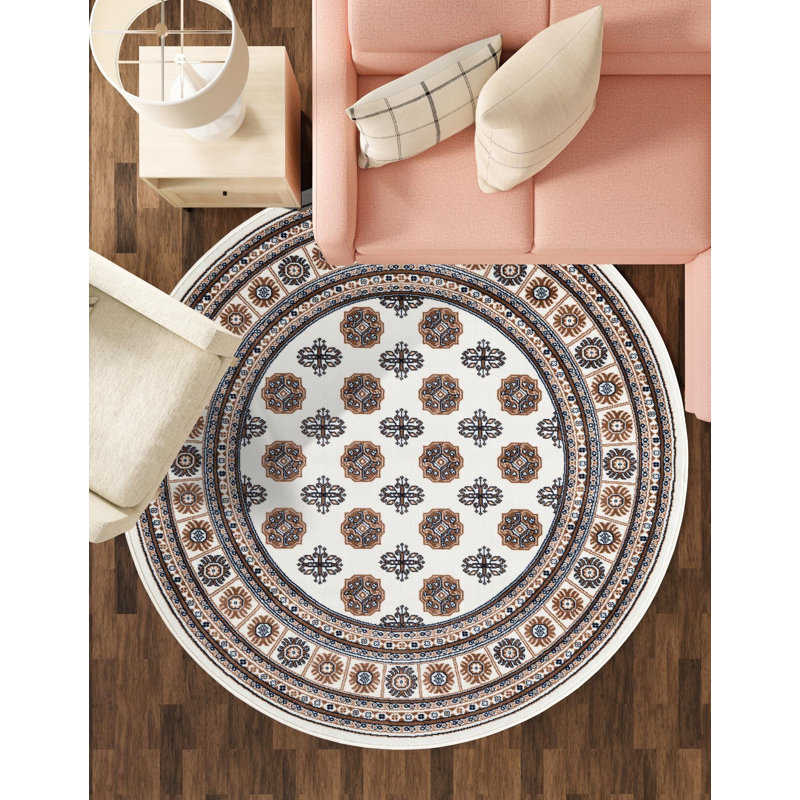 Traditional Hinshaw Area Rug Ivory Color, Round 3'3"