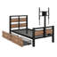 Lit simple avec support pour téléviseur pivotant et 2 tiroirs de rangement, cadre de lit plateforme en métal avec tête et pied de lit en bois, noir