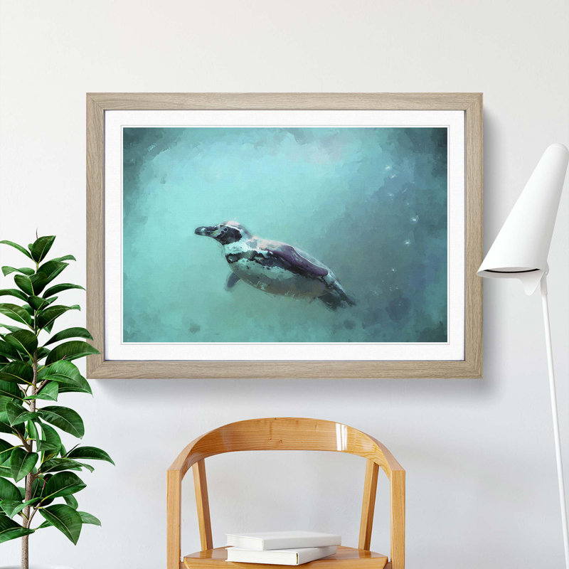 Solo Swimming Penguin in Abstract - Picture Frame Painting Print, 36cm H x 48cm W x 2cm D, Oak Framed