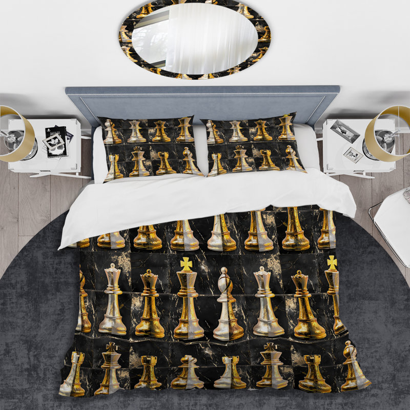 Ensemble de housse de couette doré à motif d'échecs noir I, Twin Duvet Cover + 2 Standard Pillow Shams