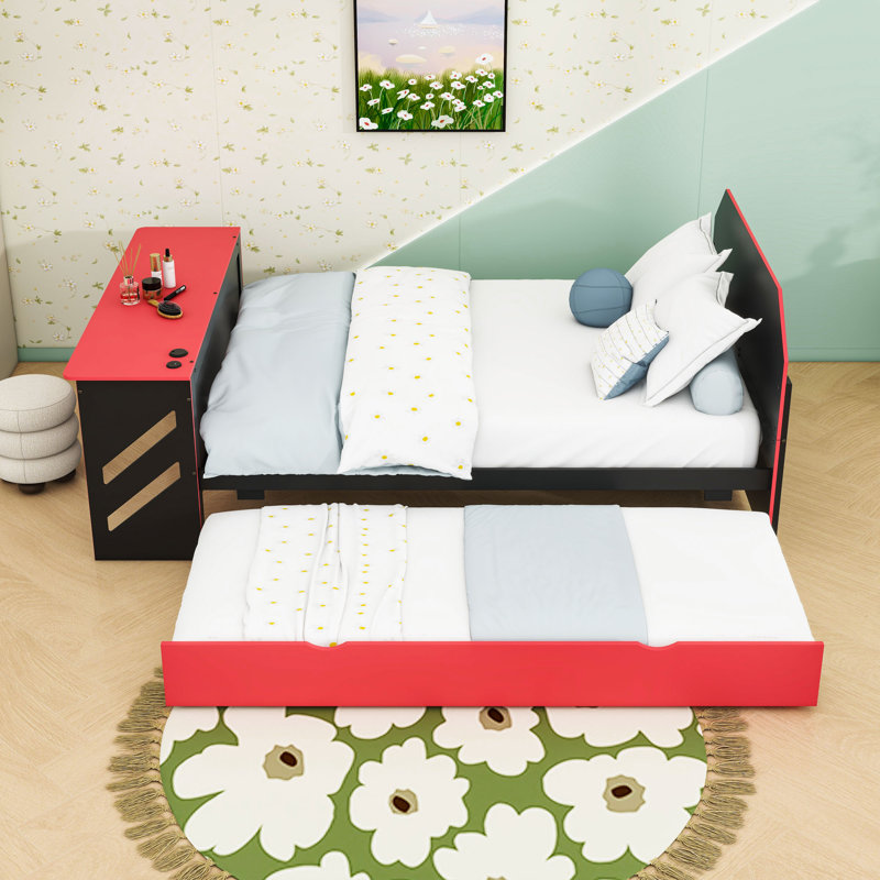 Full Size Daybed with Twin Trundle and USB Desk, Red