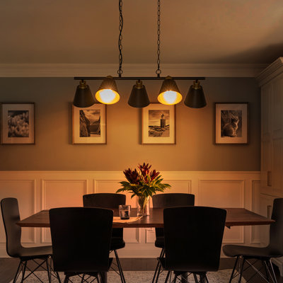 5-Light Kitchen Island Pendant Lighting, 35.4" Matte Black And Gold Linear Chandelier With Adjustable Hammered Metal Shades, Modern Farmhouse Dining Room Light Fixture, ETL Listed