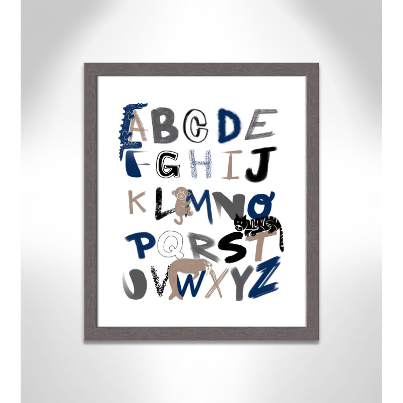 Critter Alphabet 1, impression sur papier, H 24,5 po x l 20,5 po x P 0,6 po, Encadré plat à grain de bois gris