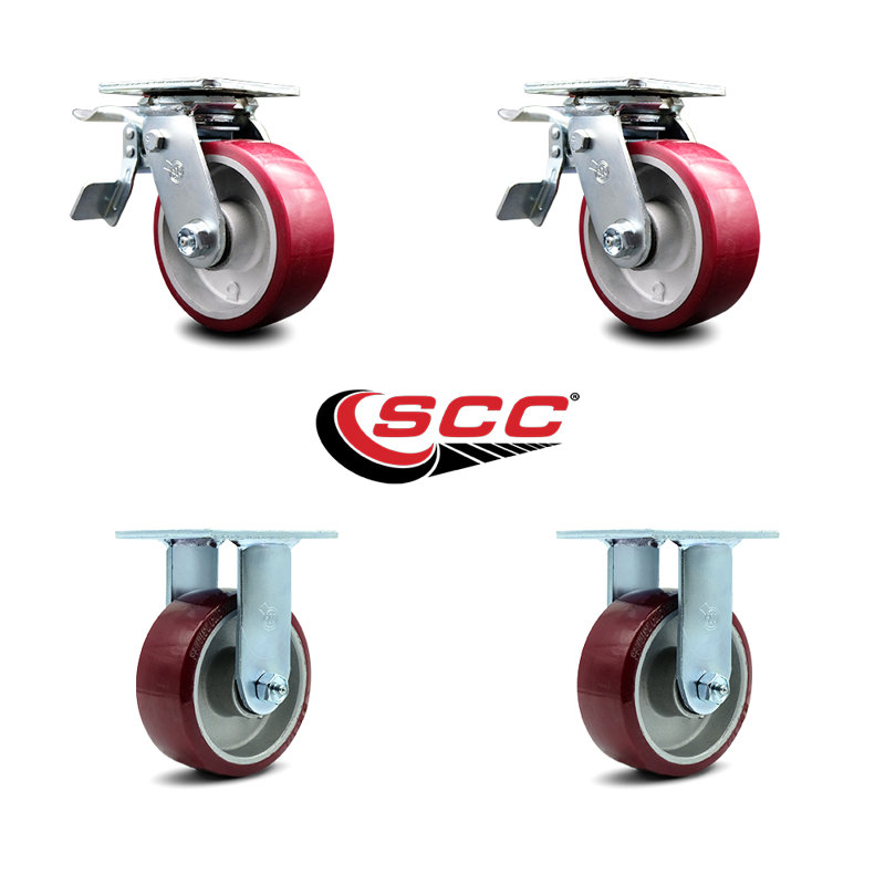 Ensemble de roulettes en poly sur aluminium 5 pouces avec roulements à rouleaux 2 freins 2 rigides SCC