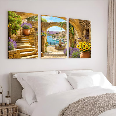 Ensemble de 3 tableaux sur toile représentant un jardin méditerranéen, parfaits pour la décoration du salon, de la chambre ou de la maison.
