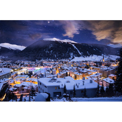 Davos City Winter Blue Hour Night Scene. Davos, Switzerland 1 Piece Wrapped Canvas Wall Art