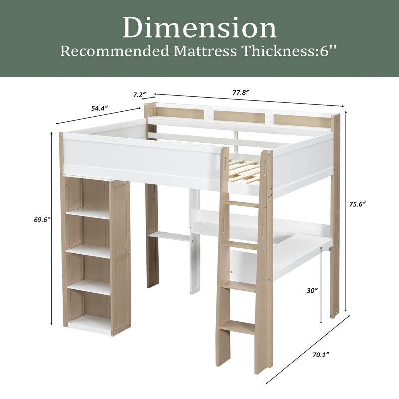 Lit mezzanine double en bois avec tablettes de rangement intégrées, portemanteaux et bureau, Naturel