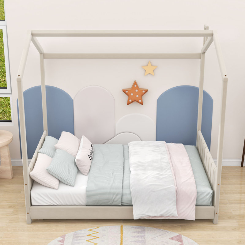 Lit plateforme tapissier avec tête de lit et pied de lit en velours Soquel, Double, Beige