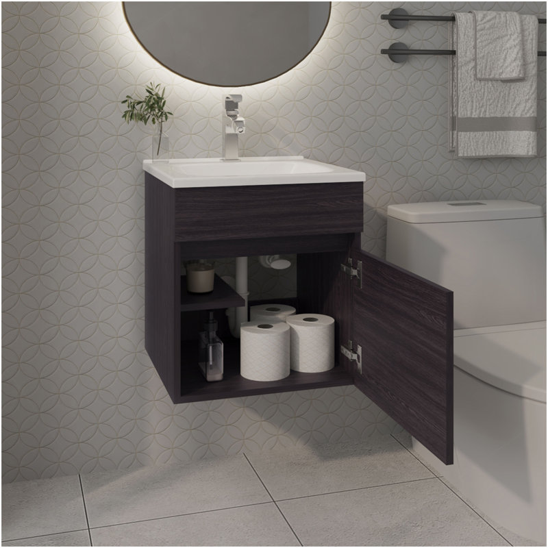FM FURNITURE  Belle Bathroom Floating Vanity With Sink, 1 Door, Wengue, Wenge