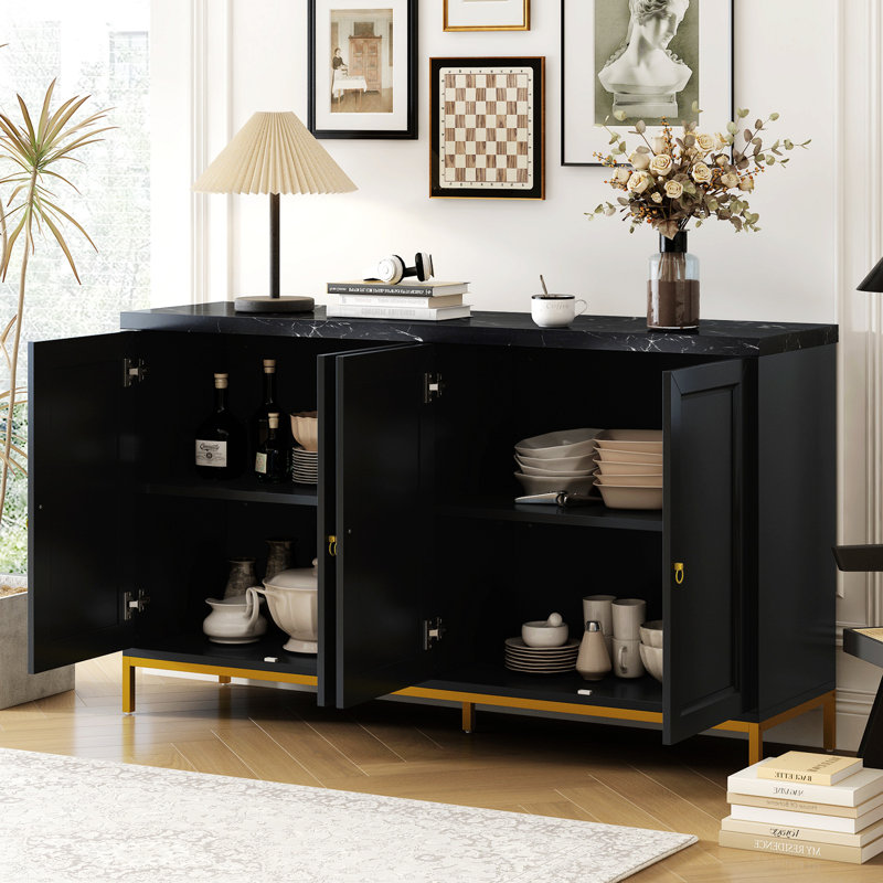Buffet Tynisia avec espace de rangement très grand avec poignées en métal et pieds de support, Noir