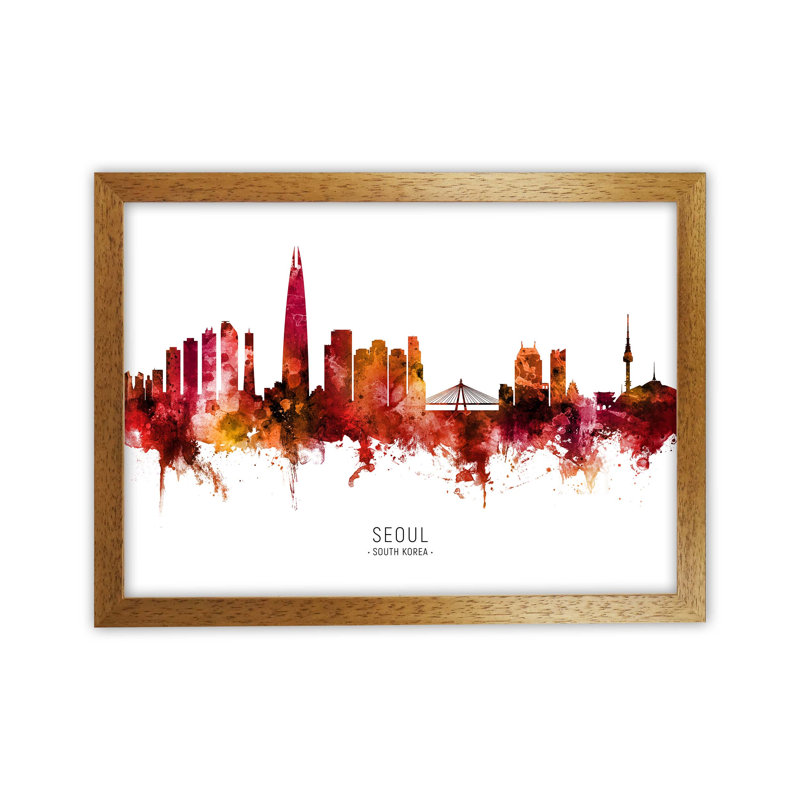 Seoul South Korea Skyline Red City Name by Michael Tompsett - Print, 25cm H x 34cm W x 3cm D, Oak Framed
