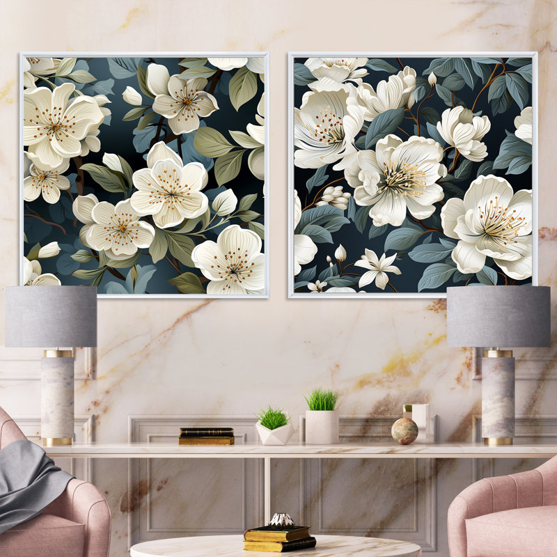 Ensemble de 2 carrés gris et orchidées en fleurs, Cadre flottant blanc, H 16 po x l 33 po
