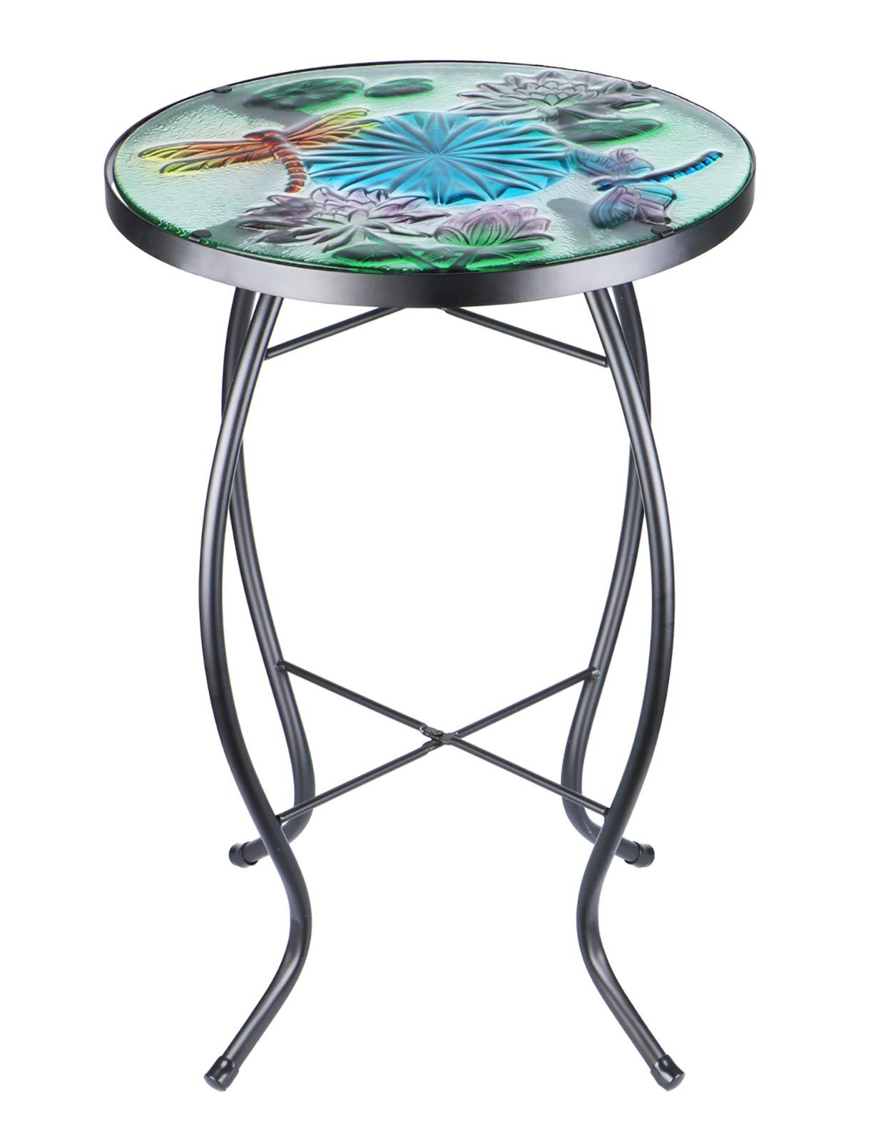 Gracie Oaks Outdoor Side Table Glass Top Round Porch Indoor End Table ...