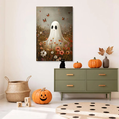 1 affiche encadrée d'art mural sur toile d'Halloween, mignon fantôme d'Halloween rétro, cottagecore, papillons floraux, impression sur toile pour salon, chambre, bureau, salle de bain, dortoir, prêt à accrocher
