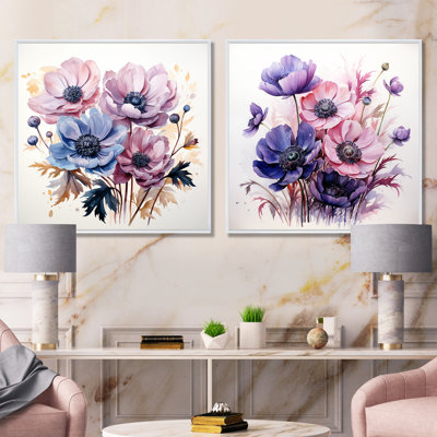 Blue And Purple Poppy Bouquet I - Poppies Canvas Art Print Set Of 2