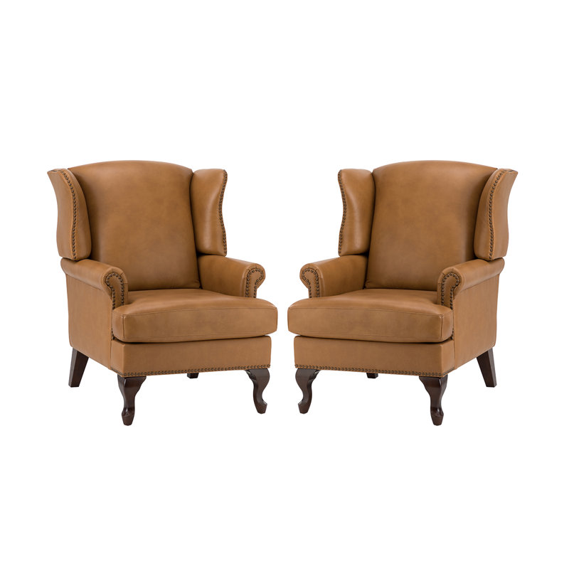 Anapatricia 32.5'' W Genuine Leather Wingback Armchairs, Camel Genuine Leather