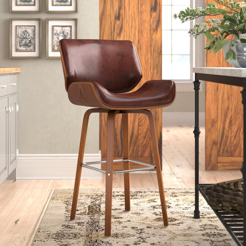 Borica 29.92" Swivel Faux Leather Bar Stool, Brown
