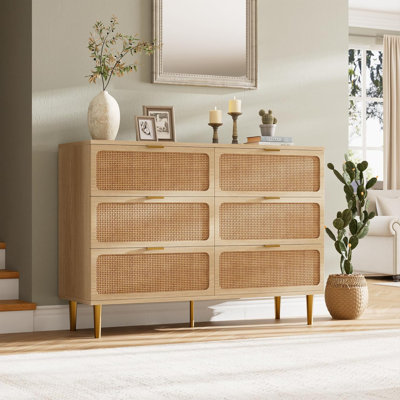 6 Drawer Dresser For Bedroom, Rattan Chest Of Drawers With Deep Drawers, Large Modern Double Dresser For Closet With Wide Top, Horizontal Wooden Dresser For Living Room, Hallway, Kids Room, Natural
