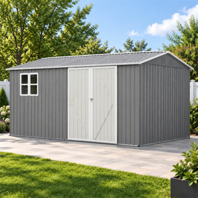 14 x 10 ft Outdoor Storage Shed, 780 cu ft Metal Tool Shed with Foundation Frame, Double Doors and Air Vents, Gray
