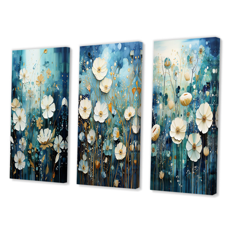 «Blue Tranquil Gardens», 3 pièces sur toile, H 32 po x l 48 po, Toile tendue