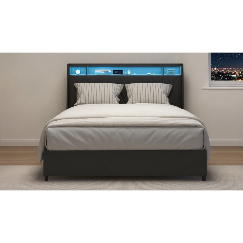 Lit plateforme avec prises et chargeur et lumière DEL, cadre de lit en métal avec tête de lit ergonomique et tablette de rangement, silencieux, aucun sommier tapissier requis