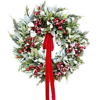 Couronne de Noël réaliste de 17,7 pouces avec baies rouges, eucalyptus d'hiver, fausse couronne de verdure artificielle, décoration pour porte d'entrée, fenêtre, maison, maison de ferme, décor intérieur extérieur