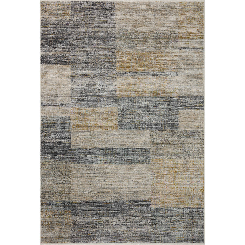 Abstract Machine Woven Polyester Area Rug in Gray/Gold, Square 1'6"