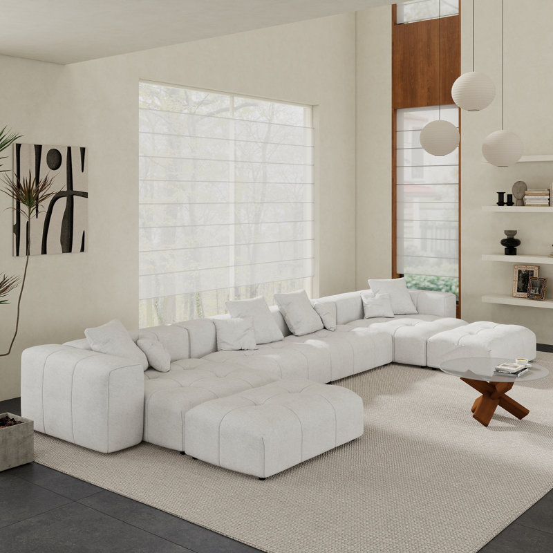 Canapé modulaire rembourré en tissu de lin avec repose-pieds Kay Crumley 6 pièces Kay, Blanc