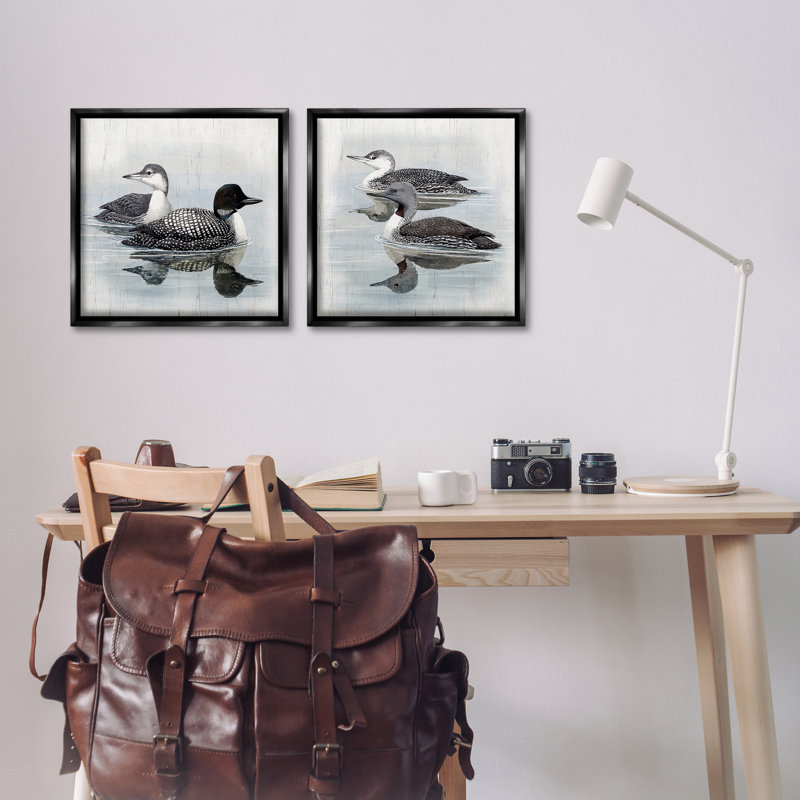  «Four Loons in Lake», ensemble de 2 toiles flottantes encadrées par Susan Jill, Cadre flottant noir de jais