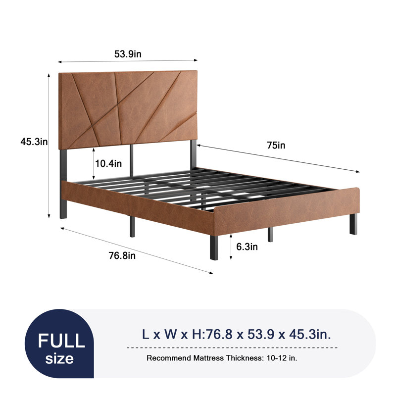 Structure de lit plateforme pleine grandeur rétro brun avec tête de lit tapissier géométrique - base en métal robuste, aucun sommier requis