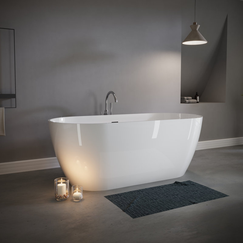 59'' x 29.5'' Freestanding Soaking Solid Surface Bathtub Stone Resin Bathtub with Overflow and Pop-up Drain, Matte White