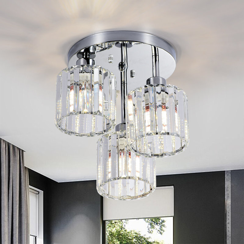 Clear Crystal Semi Flush Mount Ceiling Light - 3-Light Fixture For Kitchen, Foyer, Hallway, Bedroom, And Bathroom, Chrome